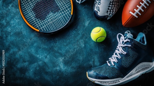 A collection of sports equipment including a tennis racket, balls, shoes, and footballs.