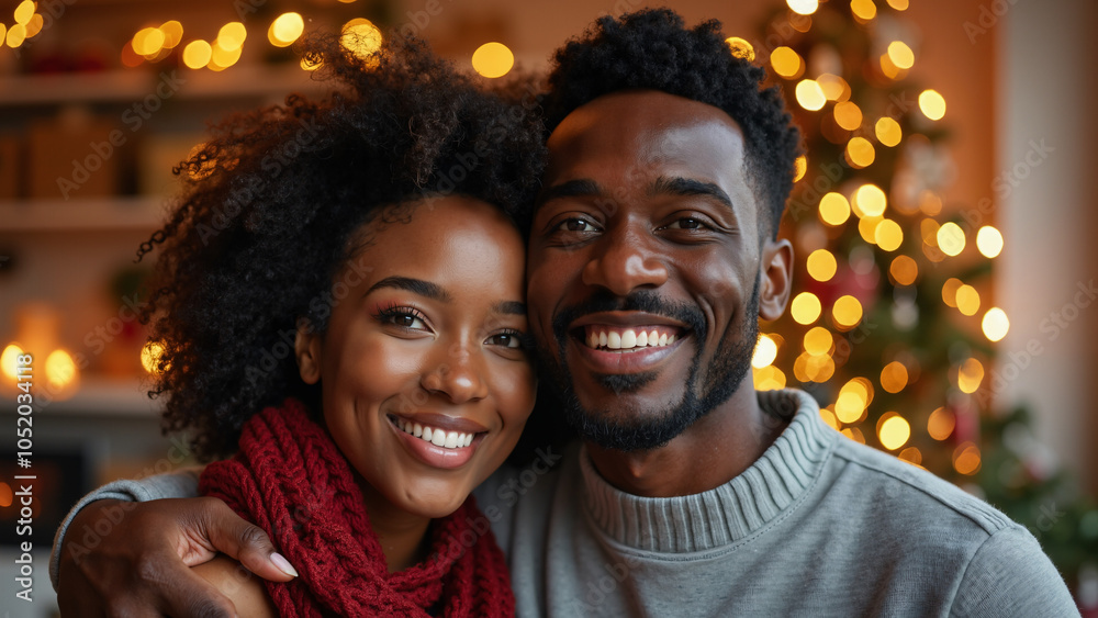Joyful Interracial Couple Embracing at Christmas: Perfect for Holiday Ads, Greeting Cards, and Festive Promotions Joyful Interracial Couple Embracing at Christmas: Perfect for Holiday Ads, Greeting Cards, and Festive Promotions