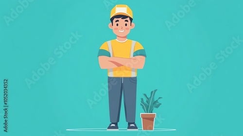 Cheerful gardener standing confidently beside a potted plant against a vibrant background. photo