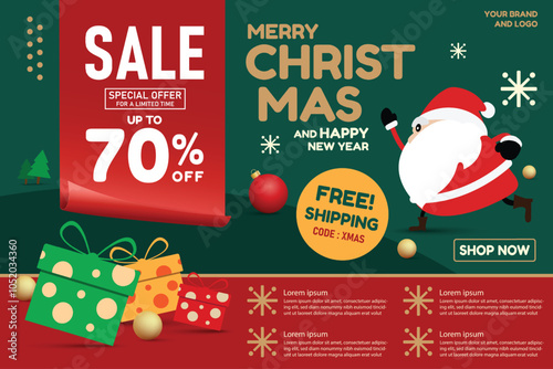 Christmas sale promotional design with Santa Claus, mobile phone, and gift boxes. Perfect for holiday sales banners, ads and festive promotions with free shipping offers. vector design