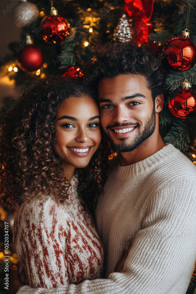 A couple is posing for a picture in front of a Christmas tree. The woman is wearing a red sweater and the man is wearing a white sweater. They are both smiling and seem to be enjoying the moment A couple is posing for a picture in front of a Christmas tree. The woman is wearing a red sweater and the man is wearing a white sweater. They are both smiling and seem to be enjoying the moment