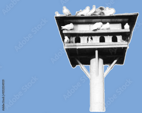 birdhouse pixelate grayscale color halftone dotted texture style collage element isolated on blue background