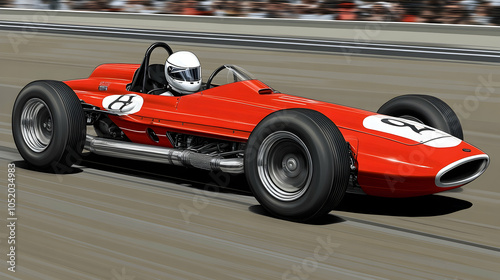 Classic red race car speeding on track.