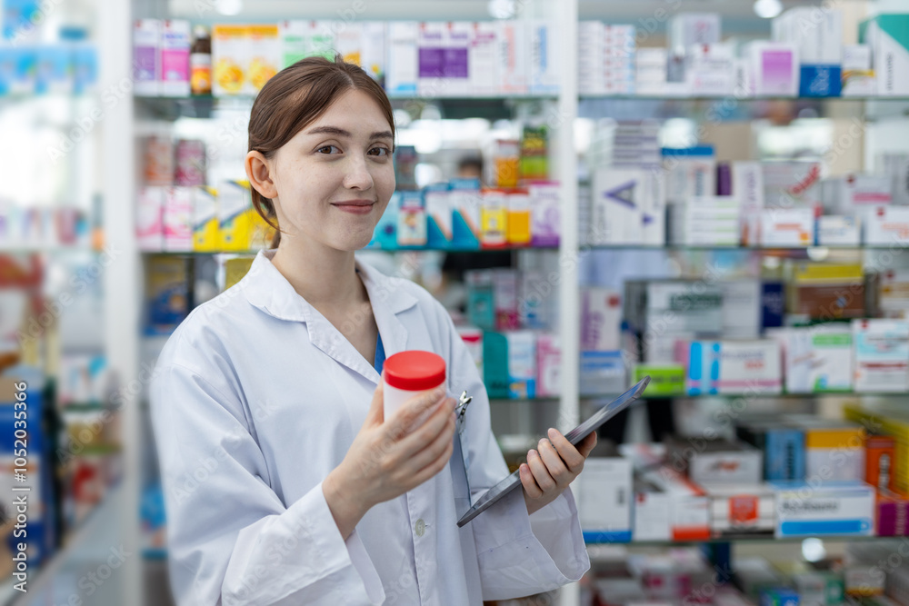 woman pharmacists are selecting medications for patients online via tablet in drug store. Drug seller use tablet holding medicine bottle check for information before sending to patient. woman pharmacists are selecting medications for patients online via tablet in drug store. Drug seller use tablet holding medicine bottle check for information before sending to patient.