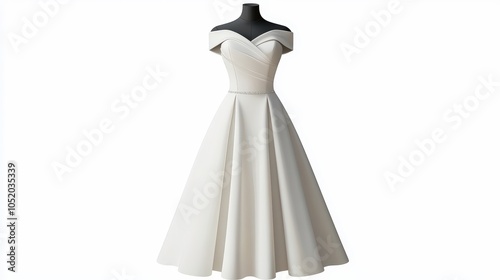 Elegant off-shoulder white dress showcasing a timeless design perfect for weddings and special occasions. photo