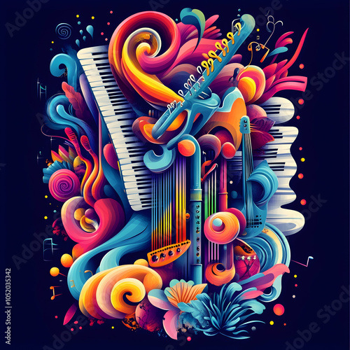 Colorful abstract illustration of musical instruments, including a piano, guitar, flute, and harp, with swirling patterns and vibrant colors.