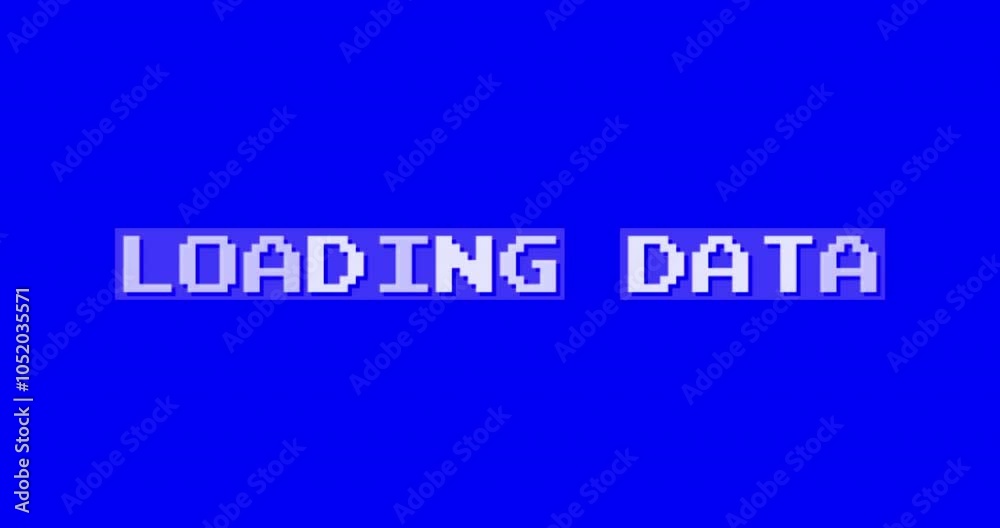 old loading data characters word on blue background screen, vintage computer alert writings