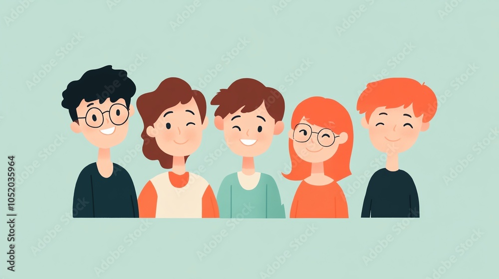 Diverse group of five smiling friends, showcasing happiness and joy in a playful illustration. Diverse group of five smiling friends, showcasing happiness and joy in a playful illustration.