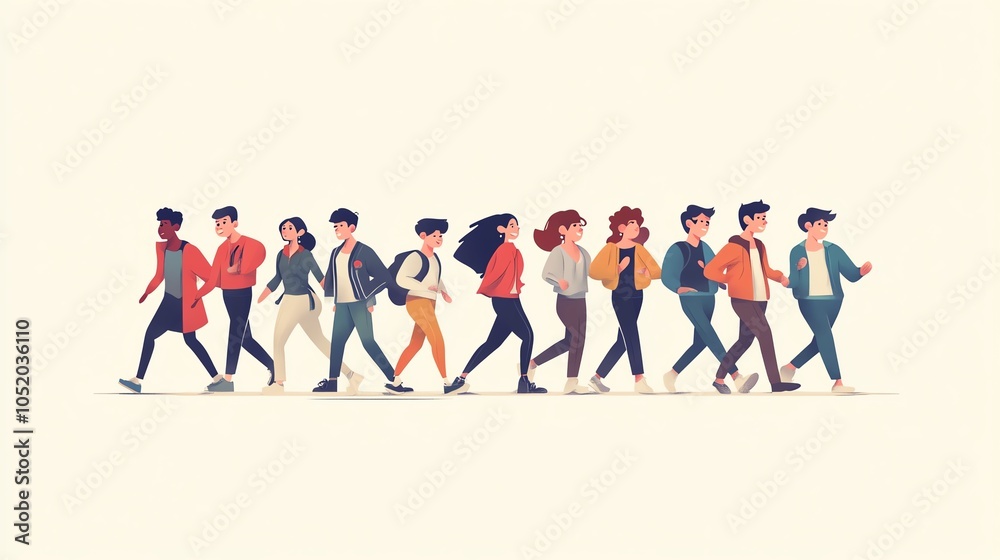 Diverse group of individuals walking together in a line on a light background, showcasing unity and movement. Diverse group of individuals walking together in a line on a light background, showcasing unity and movement.