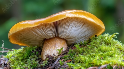 Golden mushroom with gills exposed, nestled in vibrant green moss in a forest setting, AI