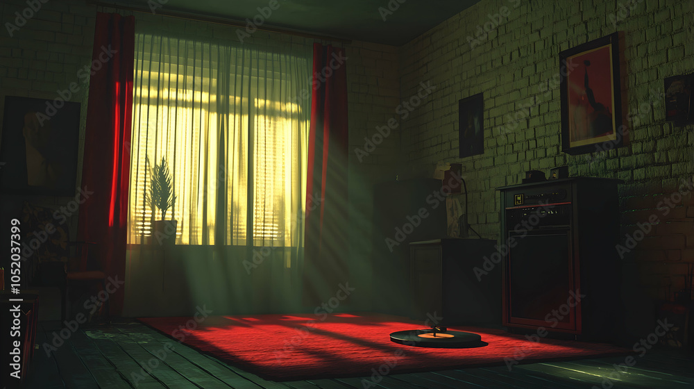 Fototapeta premium Sunlight streams through a window in a vintage living room with a red rug, brick wall, and a record player.