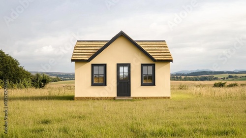 Small straw bale cottage in a field, countryside retreat, rustic and simple living