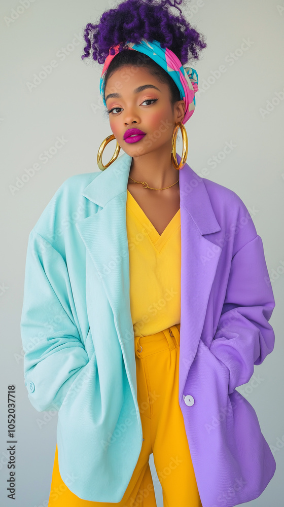 90s pastel fashion shoot with oversized blazers, high-tops, and bright accessories in soft yellow, blue, and purple. Gold hoops and colorful headbands complete the look.
90s pastel fashion shoot with oversized blazers, high-tops, and bright accessories in soft yellow, blue, and purple. Gold hoops and colorful headbands complete the look.