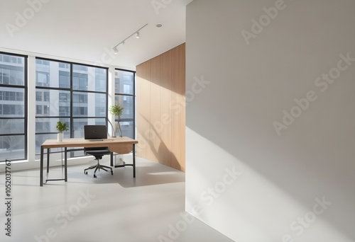 A modern, minimalist office space with a large glass window, a wooden desk, and minimal decor.