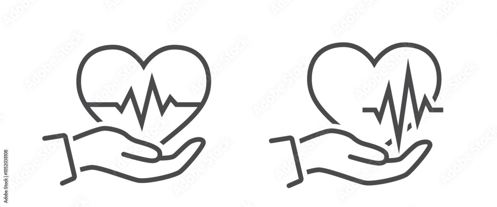 Cardiology care line icons. Heart in hand and heartbeat. Medical design elements. Isolated vector images in simple style Cardiology care line icons. Heart in hand and heartbeat. Medical design elements. Isolated vector images in simple style