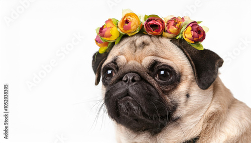 Small cute Pug puppy wearing a flower crown on white background. Grumpy doggy portrait. Vector illustration. photo