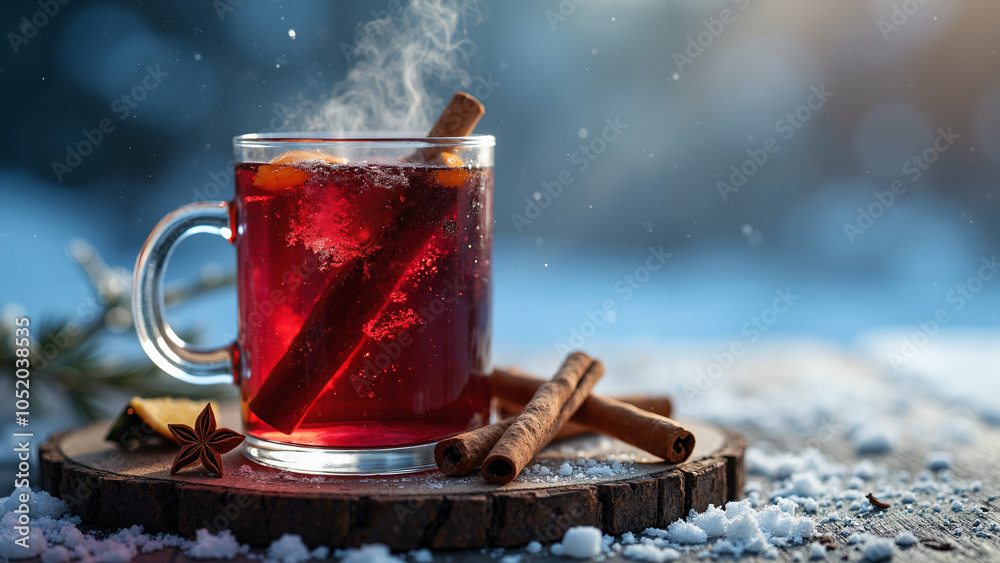 Cozy Winter Warmth: Steaming Mulled Wine on Rustic Wood with Snowy Backdrop - Perfect for Holiday Marketing & Seasonal Menus Cozy Winter Warmth: Steaming Mulled Wine on Rustic Wood with Snowy Backdrop - Perfect for Holiday Marketing & Seasonal Menus