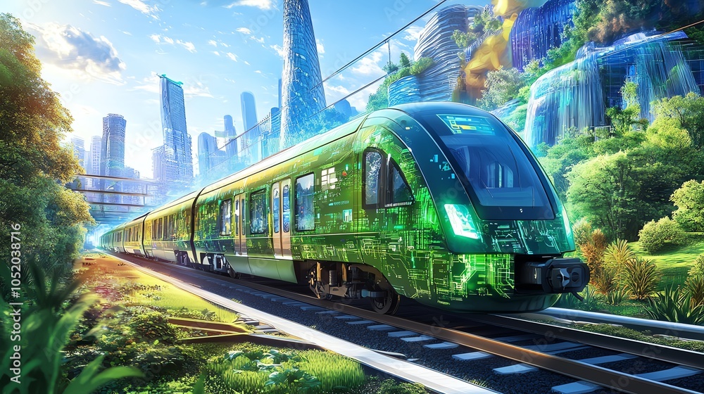 Futuristic green train traveling through a lush, vibrant landscape with towering city skyscrapers and cascading waterfalls. Futuristic green train traveling through a lush, vibrant landscape with towering city skyscrapers and cascading waterfalls.