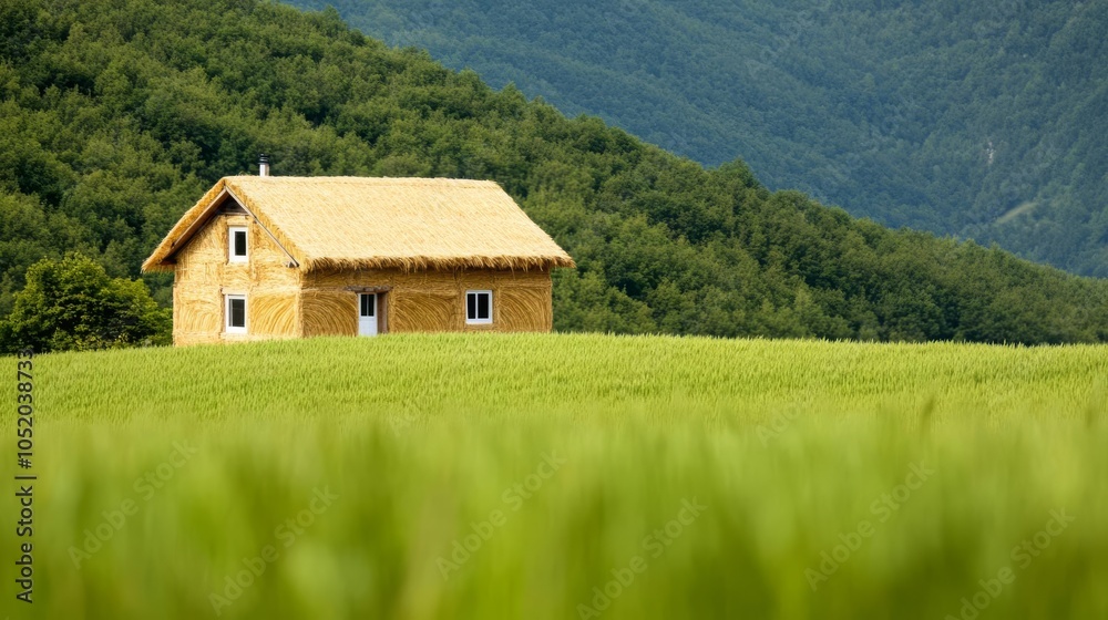 Straw bale house in a meadow, sustainable architecture, natural living Straw bale house in a meadow, sustainable architecture, natural living