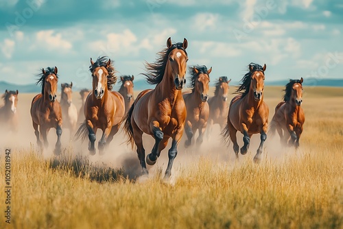 A herd of brown horses galloping across a field, kicking up dust.