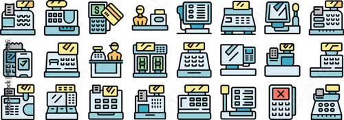 Collection of icons representing cashiers processing transactions, accepting credit card payments, and managing sales at cash registers