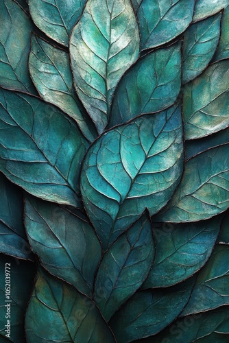 Textured close up of layered teal leaves with intricate patterns and natural highlights