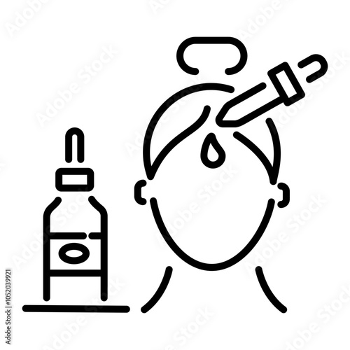 Linear icon of a person applying serum to their face using a dropper