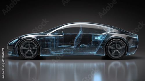 3D rendering of a transparent car with blue digital lines on a black background, side view 