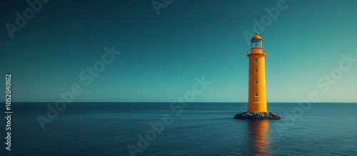 orange lighthouse in Iceland, minimalist style, bright blue sky, frontal view,calmness,copy space. photo