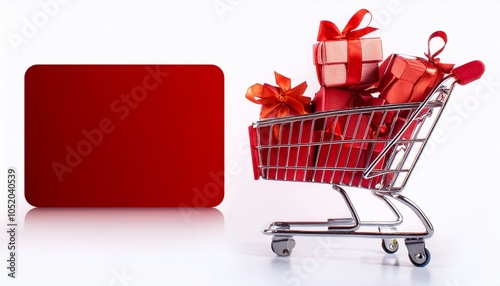 shopping trolley filled with christmas presents red gift boxes adorned with ribbon bows isolated with blank gift card with copy space banner for sales promotion online shopping or special offer