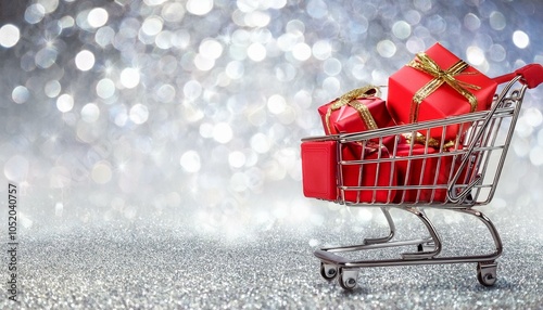 shopping trolley filled with christmas presents red gift boxes adorned with ribbon isolated on glittering background with copy space banner for sales promotion online shopping or special offer