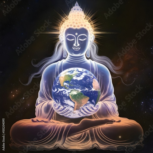 buddha hold the world art digital 4k, mystical, ethereal, transparent, bioluminescent, luscent buddha holding the Earth in a cosmic scene. 