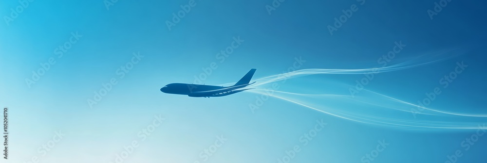 Obraz premium Silhouette of airplane soaring high in clear blue sky, leaving white trail. Evokes travel, adventure, freedom. Perfect for backgrounds
