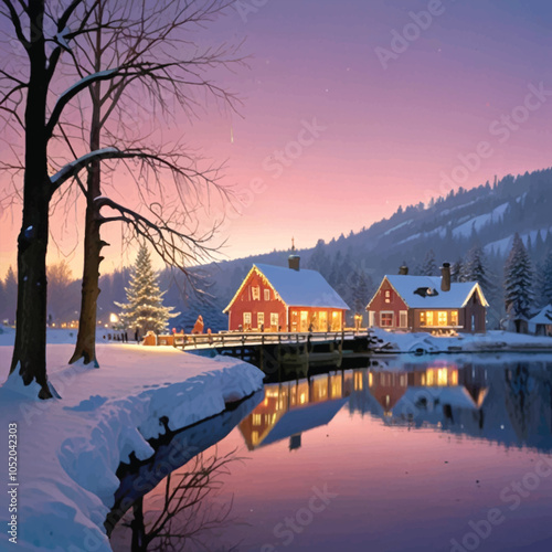 Imagine a snow-covered village at twilight, with festive lights twinkling in every window. In the town square, a giant Christmas tree decorated with golden ornaments stands tall, while children are jo
