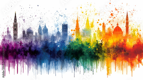 Florence Skyline Watercolor Rainbow, city, cityscape, architecture, buildings, Italy