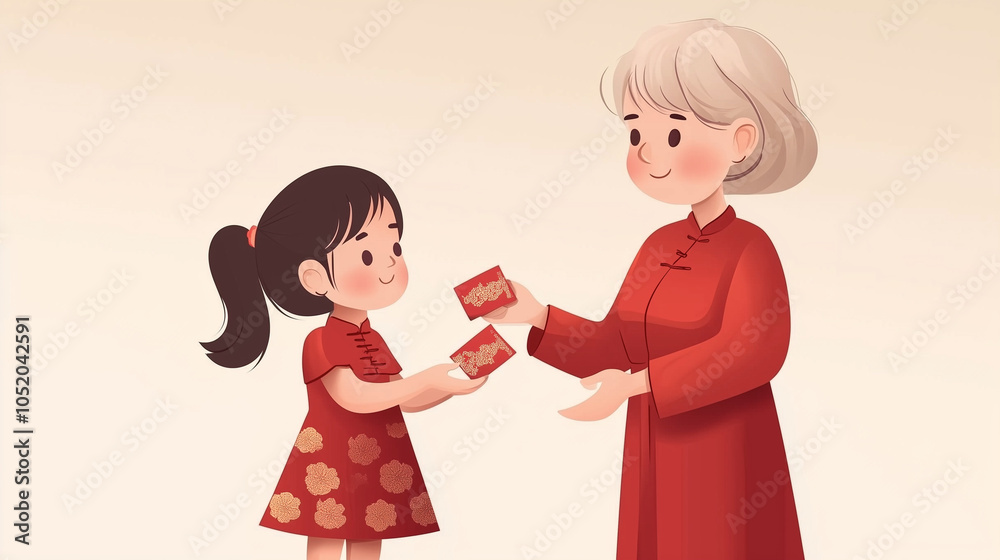 Illustration Chinese lunar new year festival celebration concept. Happy Asian grandmother giving money gifts and blessing to little grandchild. girl in Chinese red dress Illustration Chinese lunar new year festival celebration concept. Happy Asian grandmother giving money gifts and blessing to little grandchild. girl in Chinese red dress