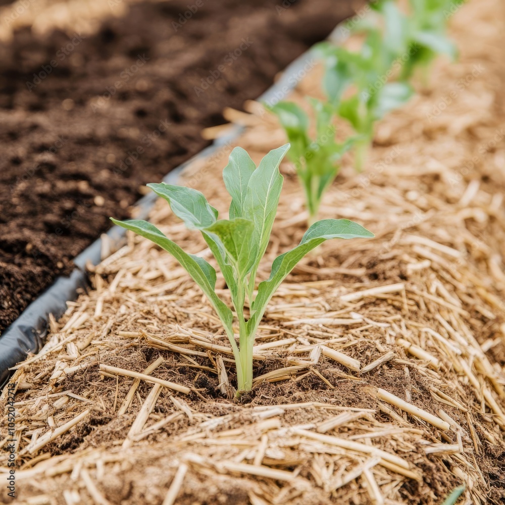 Straw mulch in organic garden, rich soil, eco-friendly agriculture Straw mulch in organic garden, rich soil, eco-friendly agriculture