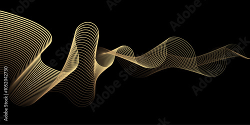 Luxury 3D flowing gold ribbon. Vector line pattern in a smooth curve flowing dynamic golden gradient wave isolated on black background for AI technology banner, music flyer. 