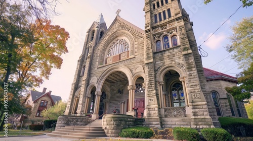 Majestic Romanesque Revival church showcasing semi-circular arches, robust pillars, intricate decorative moldings, exuding a sense of grandeur and historical significance photo