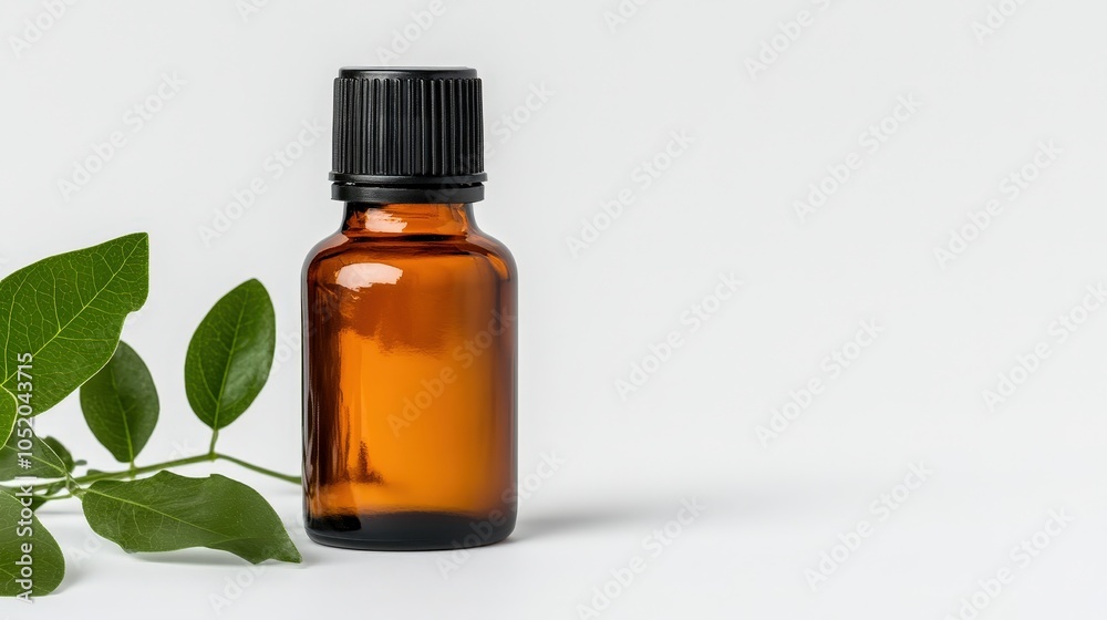 Amber Bottle with Leaves on Neutral Background