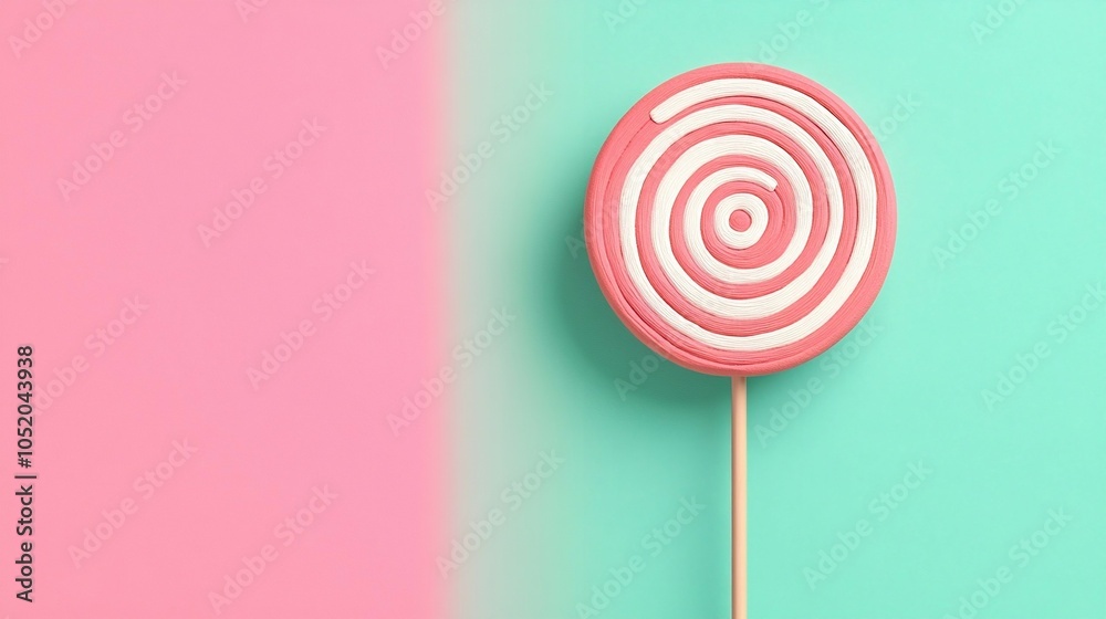 A colorful spiral lollipop stands against a pastel pink and turquoise background, creating a playful and vibrant aesthetic. A colorful spiral lollipop stands against a pastel pink and turquoise background, creating a playful and vibrant aesthetic.