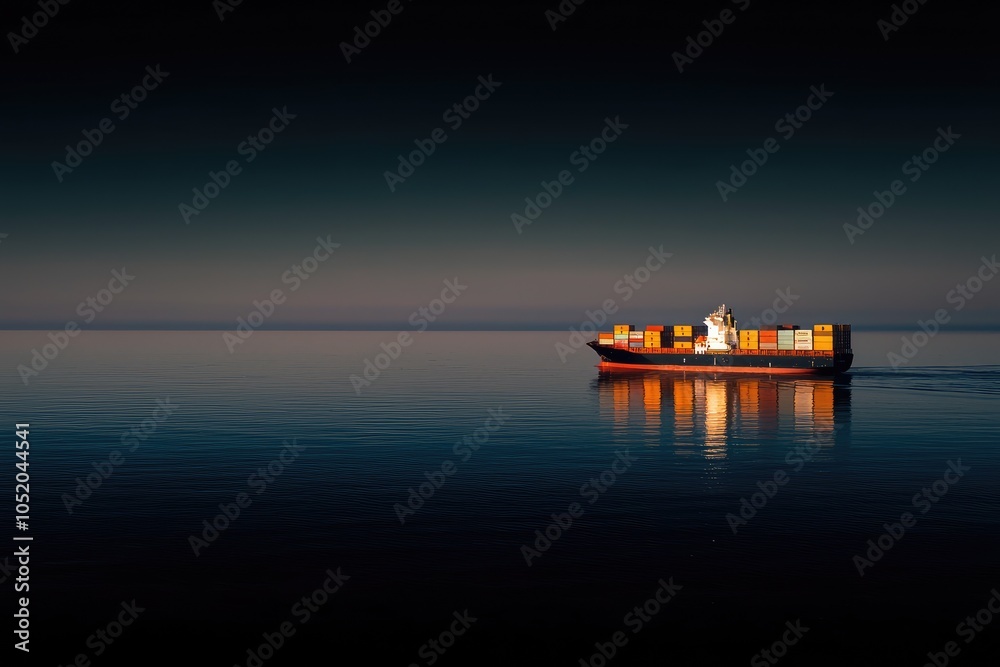 Obraz premium Colorful Cargo Ship on Calm Water at Dusk
