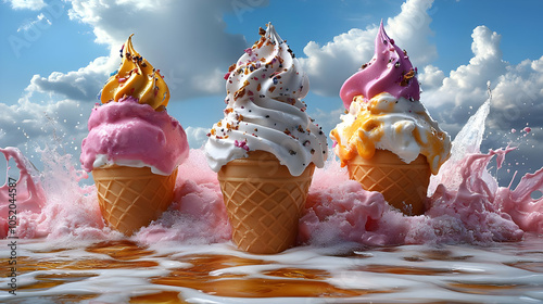 Ice Cream Cones Splashing i...