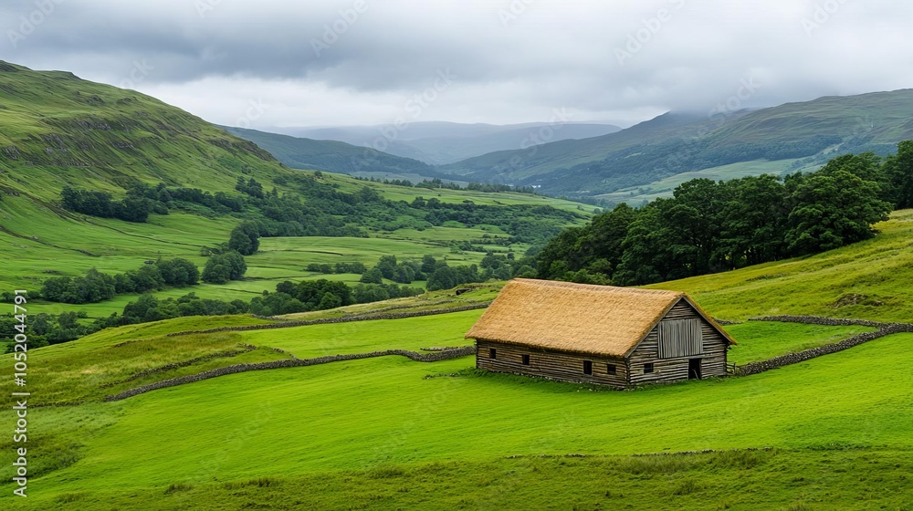 Obraz premium Straw-roofed barn in a green valley, traditional countryside scene