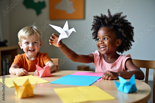 Black smiling kid girl and kid blond boy sit at the round table and fold origami using colored paper sheets.