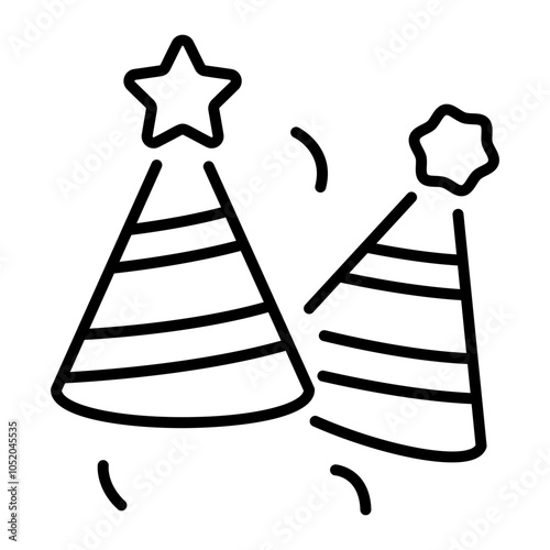 A line icon of two party hats with stars,