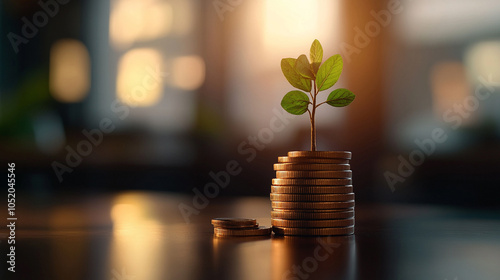 
Ecoconscious financial strategy with a small tree growing from stacked coins, symbolizing longterm wealth management close up, selective focus, ecofriendly theme, surreal, photo