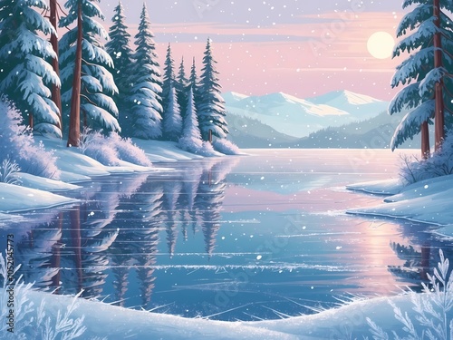 Beautiful winter landscape with a frozen lake, snowy pine trees, rocks, and a pink sunset. Perfect for seasonal, nature, or winter-themed design projects photo