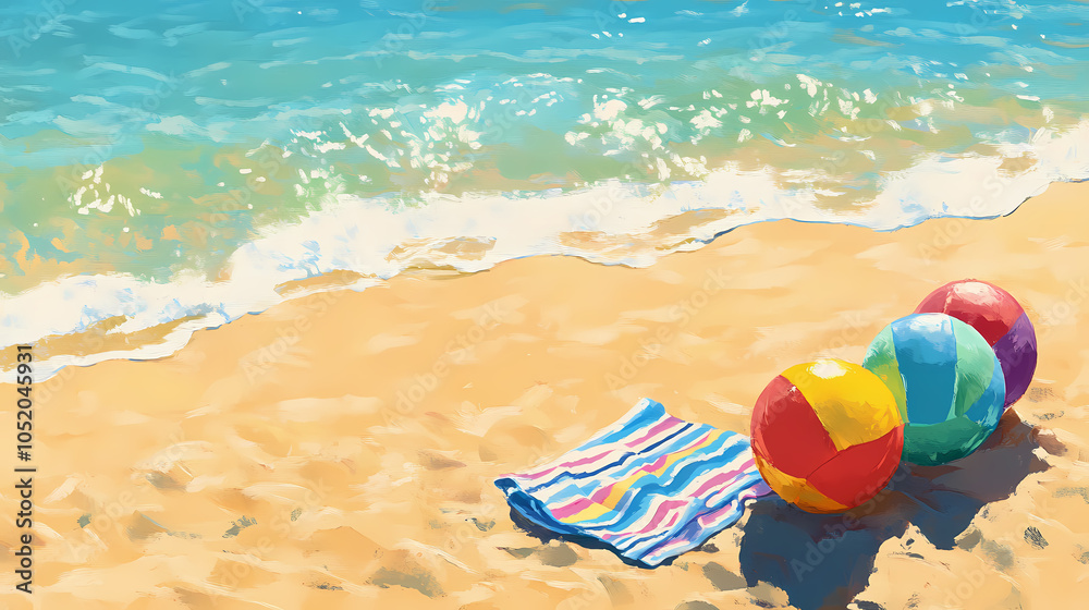 Obraz premium Warm sunny summer day beach scene with colorful beach balls and towels scattered on golden sand near calm turquoise water. Golden Sand Beach. Illustration