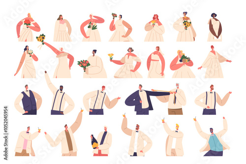 Charming Cartoon Wedding Characters Brides and Grooms Display Different Poses And Expressions, Vector Illustration
